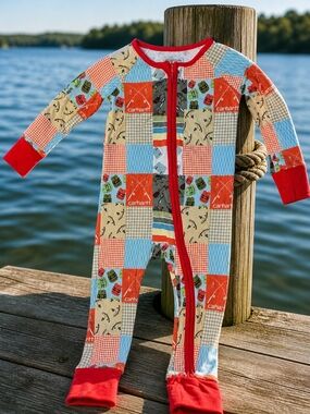 NWOT Bamboo Carhartt Patchwork Print Kids One-Piece with Red Trim